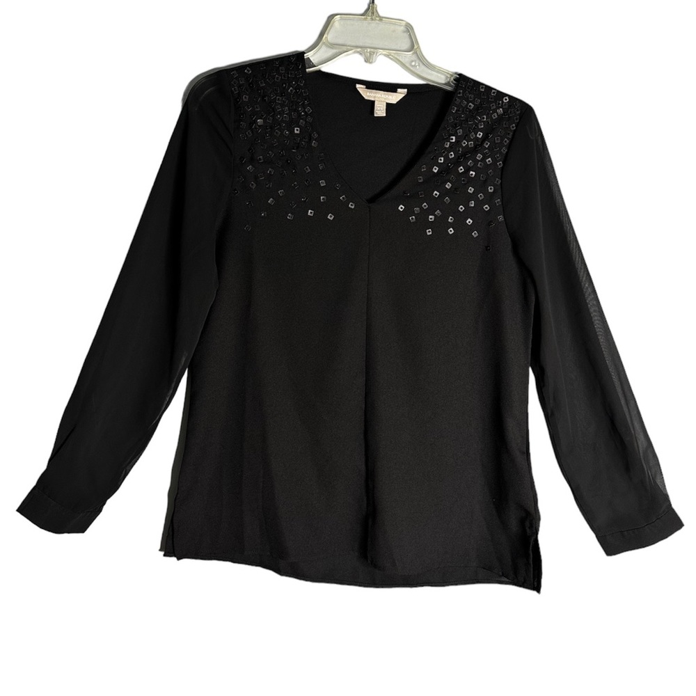Banana republic black long sleeve v-neck beaded pattern blouse size XS petite